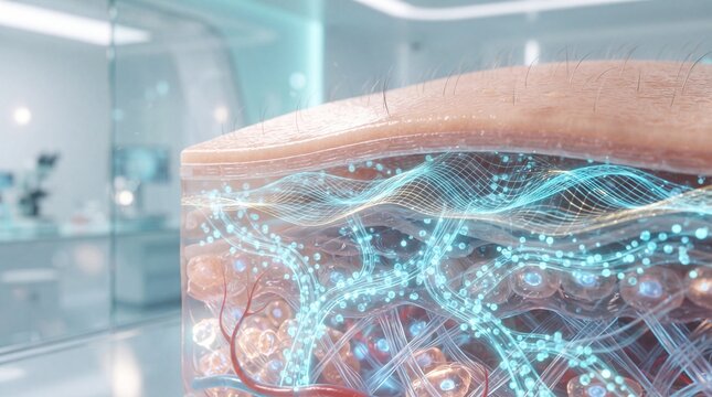 Cross section of human skin showing advanced hydration system, glowing blue lines represent moisture and nutrient flow, modern laboratory background, scientific and futuristic concept