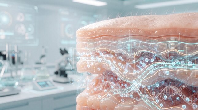 Futuristic skin hydration system digital interface laboratory background advanced technology glowing lines moisture analysis innovation science health close up