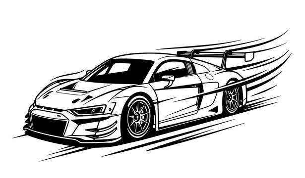Black and White Racing Car Speed Illustration &ndash; Fast Sports Car Vector Isolated on White Background