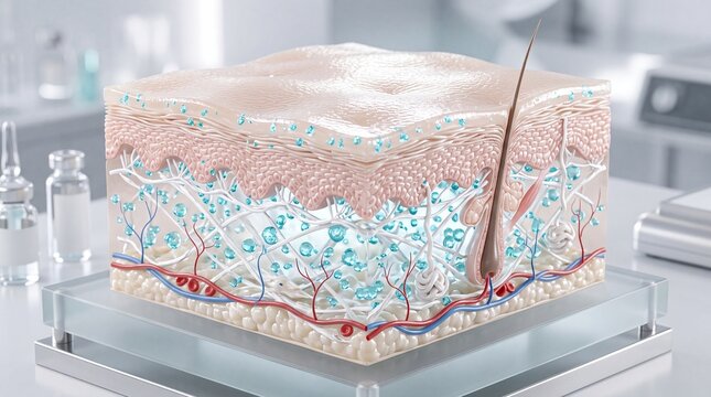 Healthy human skin visualization cross section showing epidermis dermis collagen fiber hair follicle hydration glowing effect medical illustration laboratory background