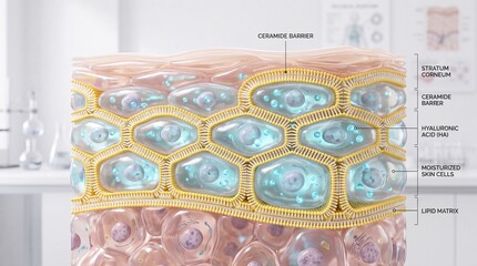 Obraz premium Healthy human skin visualization showing stratum corneum, hydration flow, keratinocytes, dermal epidermal junction, collagen bundles, and fibroblast structure