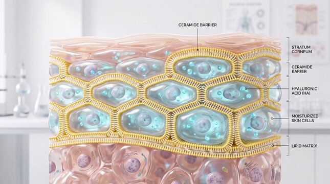 Healthy human skin visualization showing stratum corneum, hydration flow, keratinocytes, dermal epidermal junction, collagen bundles, and fibroblast structure