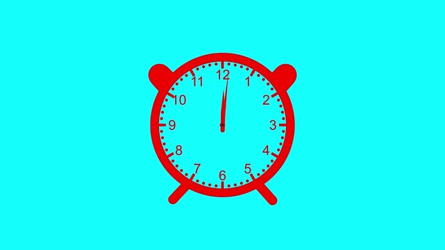 Minimalist red alarm clock animation with ticking second hand on a bright cyan background for time animation...