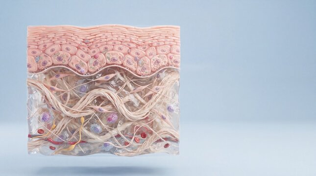 Skin anatomy cross section epidermis dermis subcutaneous layer human tissue nerve blood vessel collagen fiber medical scientific detailed educational