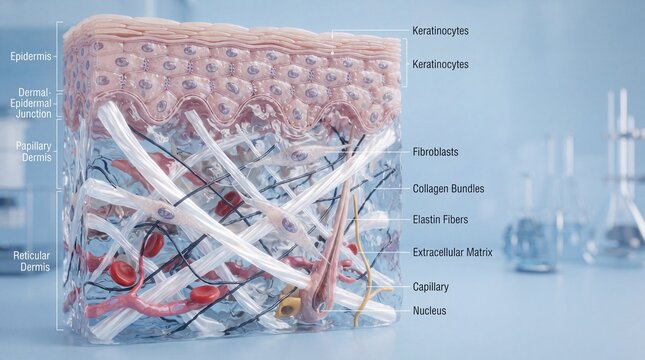 Cross section of human skin showing epidermis dermal epidermal junction papillary dermis reticular dermis keratinocytes fibroblasts collagen bundles elastin fibers capillary and nucleus