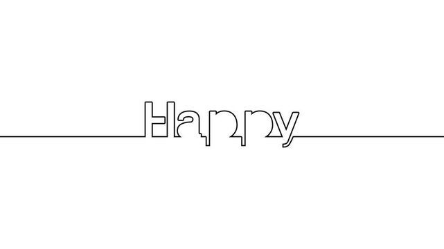 happy one line art text animation continuous single drawn on black green white background. animated continuous single line art happy text hand drawing