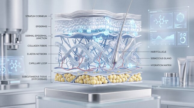 Cross section of human skin showing stratum corneum epidermis dermal epidermal junction collagen fibers elastin network capillary loop subcutaneous tissue hair follicle sebaceous gland hydration