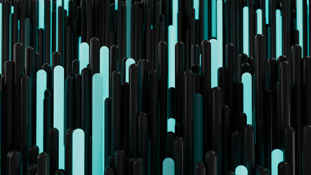 Cyan glowing vertical sticks illuminated by light. Abstract background. Can be used as a texture or background for design projects, scenes, etc.