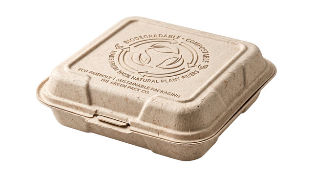 Eco-friendly biodegradable food container made from natural plant fibers, sustainable compostable packaging box, recycled pulp takeout clamshell