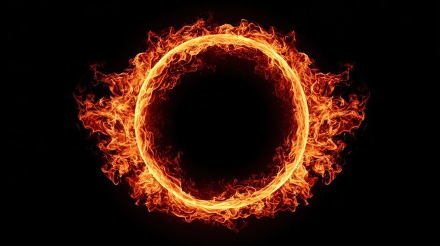 Fiery ring of flames encircling a dark void on a black background
