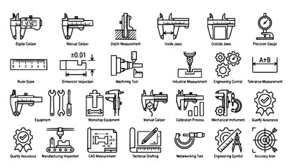 Fototapeta premium Precision Vernier Caliper Outline Icon Collection for Engineering Vector Set