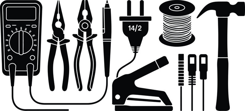 Set of black silhouette featuring construction and electrical repair tools, including a multimeter, pliers, soldering iron, electrical plug, wire spool, and hammer