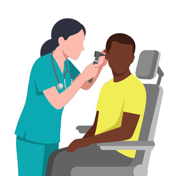 Female Caucasian doctor checking patient ear with otoscope clinic illustration