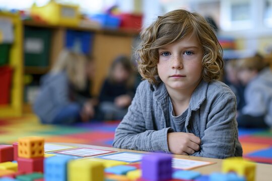 Child sitting apart on classroom rug with soft blocks and learning cards