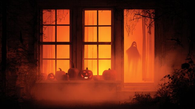 Halloween spooky window with pumpkins and ghost