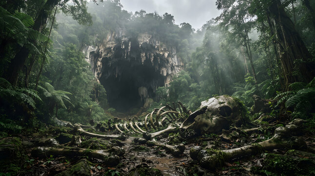 Giant prehistoric skull and bones lying on the mossy ground of a misty jungle in front of a dark cave entrance