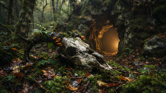 An ancient horned animal skull covered in moss and orange mushrooms lies on a damp forest floor near a glowing cave entrance.