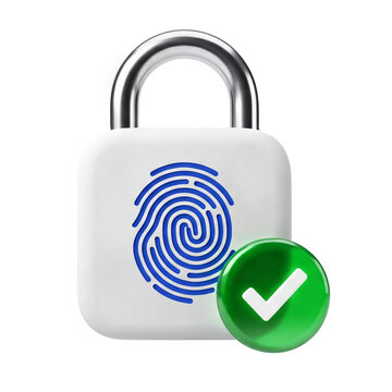 3D biometric padlock with fingerprint and verified check mark