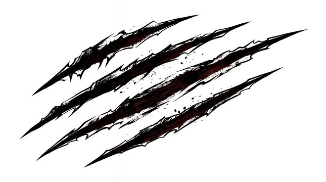 Black bloody claws animal scratch scrape track. Cat kitten tiger scratches paw. Four nails trace. Cute funny design element. Flat design. White background. Isolated. Black bloody claws animal