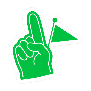 Green foam finger with raised pennant flag sticker in bold flat cartoon style on white background, concept of sports fan support and game day cheering