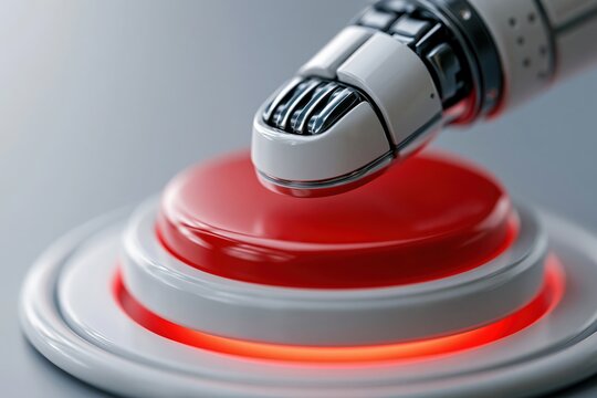 Robotic fingertip hovering above red emergency button