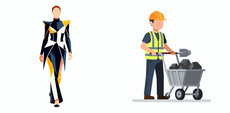 Fashionable woman and construction worker carrying wheelbarrow of coal