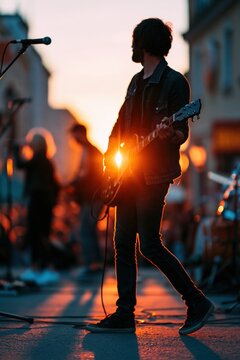Silhouetted guitarist stepping forward on outdoor stage at sunset