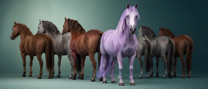 Horses, unique animal and purple livestock with herd for individuality, standing out and leadership. One horse, different color and group for branding, creativity and variety in studio lighting.