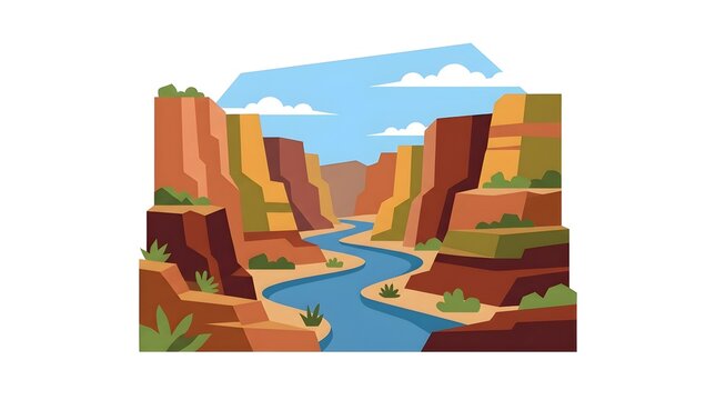 Flat vector illustration of a winding river flowing through a colorful desert canyon with towering rock cliffs and blue sky. Suitable for travel, geology, adventure, tourism, and landscape projects.