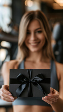 Close-up on an elegant black gift box with a silk ribbon held by a blurred smiling athletic woman in a gym. Concept of VIP fitness membership, Black Friday sports promotion, exclusive health club rewa
