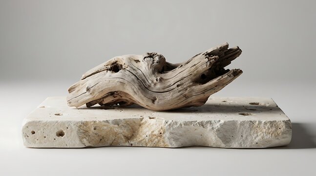 Abstract natural driftwood sculpture on a textured stone base.