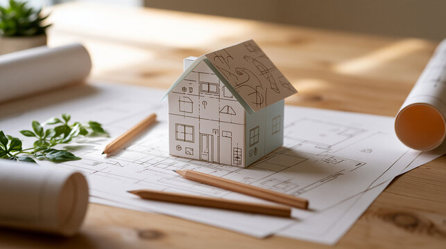 Paper House Model on Architectural Blueprint with Pencils and Plans