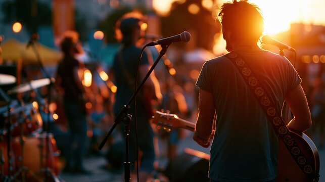 Fictional band performing at outdoor summer concert during sunset