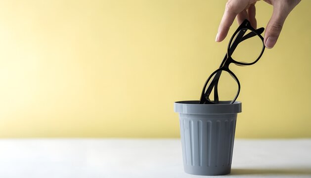 Close-up of a hand throwing black eyeglasses into a small grey trash bin on a yellow background