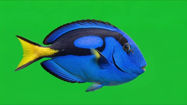Realistic blue tang fish swimming with natural fin movement on green screen isolated for marine wildlife and VFX compositing
