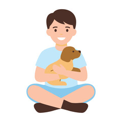 Happy Boy Sitting Cross Legged While Holding A Cute Little Brown Puppy Dog Mascot