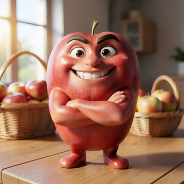 Cheerful anthropomorphic red apple character smiling with crossed arms on a rustic wooden table, surrounded by fresh apples.