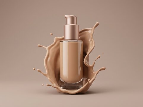 Liquid foundation makeup bottle with a beige cosmetic cream splash on a soft neutral background for beauty and skincare advertising