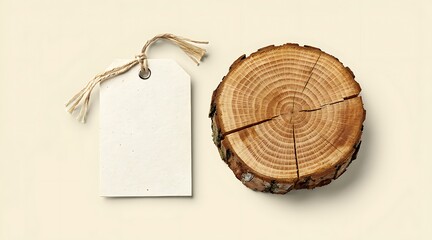 Fototapeta premium Blank White Tag Next to a Wood Slice with Rings.