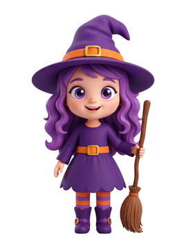 Cute 3d cartoon halloween good witch holding a broomstick
