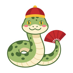 Cute Green Snake Character Wearing Traditional Chinese Hat Holding Red Hand Fan