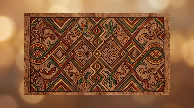 Tribal geometric pattern with snakes on textured bark cloth