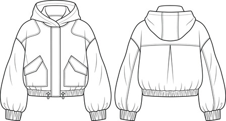 Technical cropped bomber jacket fashion flat sketch hooded windbreaker template front back view vector illustration © Lakhi