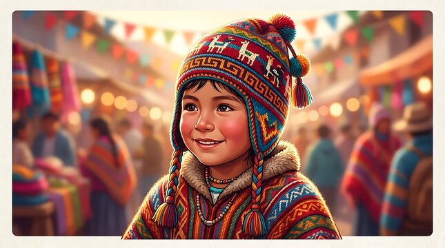 Smiling child in traditional andean clothing at a colorful market