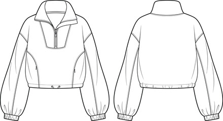 Technical half zip fleece pullover fashion flat sketch cropped sweatshirt template front back view vector illustration © Lakhi