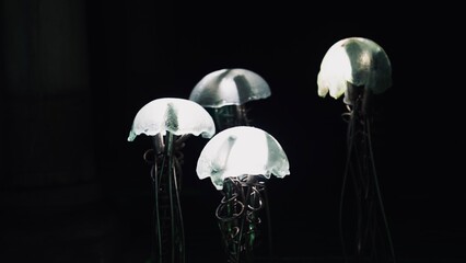 Illuminated glass jellyfish sculptures glowing in a dark room © nash photography