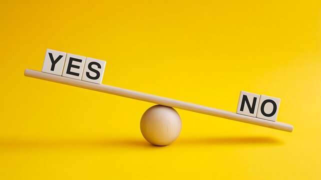 Business decision making concept with yes and no balance choice on yellow background
