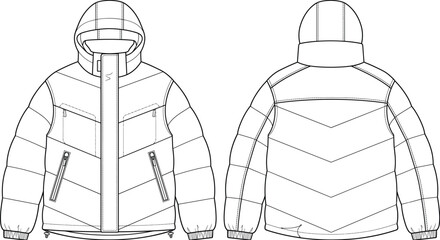 Technical puffer jacket fashion flat sketch chevron quilted hooded down coat design template front back view vector illustration © Lakhi