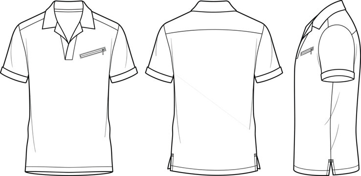 Technical polo shirt fashion flat sketch panelled zip pocket short sleeve top design template front back side view vector illustration