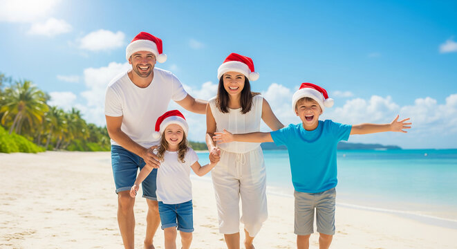 Family wearing Santa hats and white outfits, laughing together on a sunny tropical beach during a joyful Christmas vacation